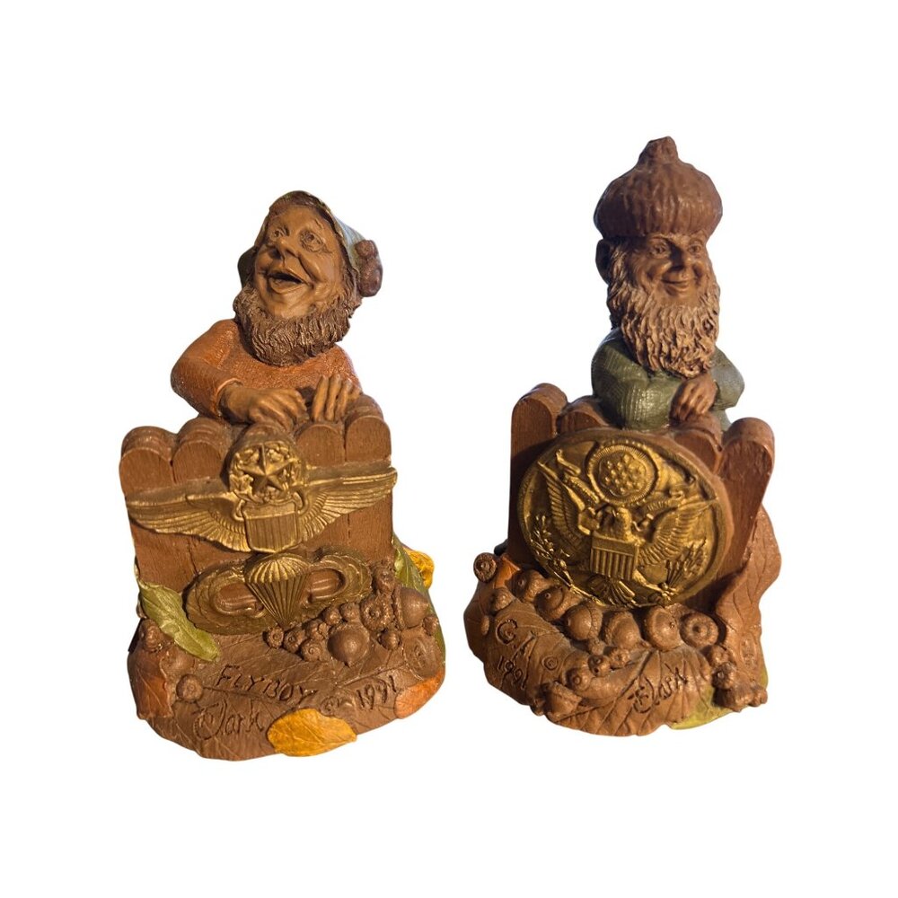 Vintage 2 Tom Clark Gnome Figurines Flyboy GI Army 1991 Pecan Resign Estate 4.75